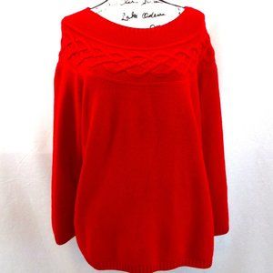 Talbots Red Round Neck Pullover Knit Sweater w/ Cable Braided Yolk Sz 2X Petite